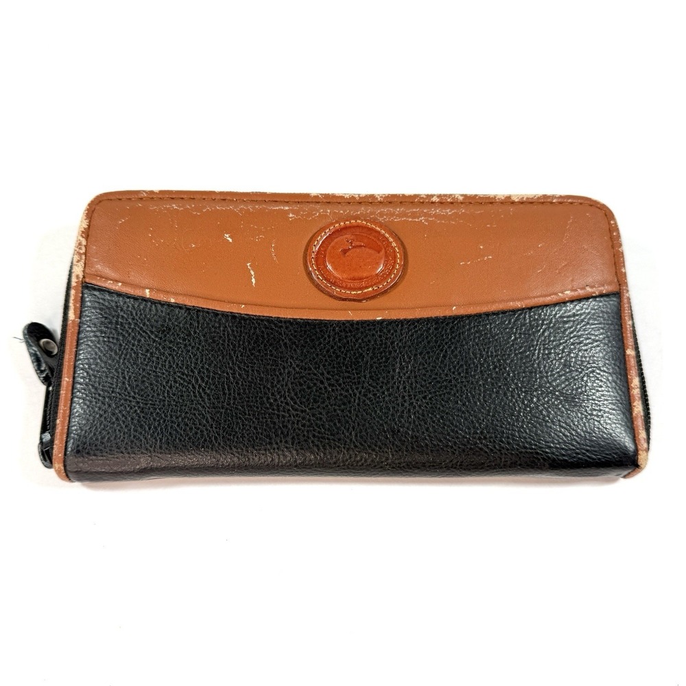 Vintage Dooney & Bourke Wallet Clutch Black Brown Duck Logo Leather Zip